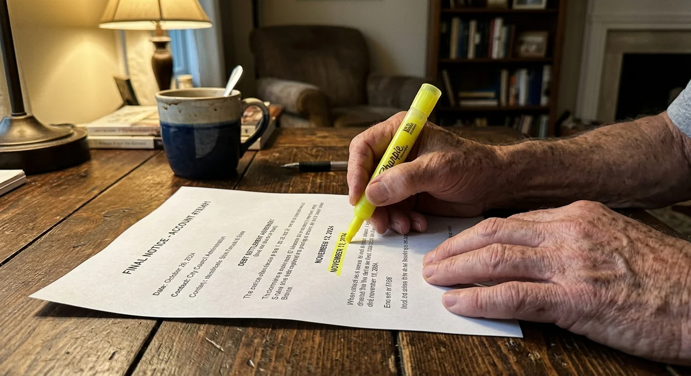 A close-up shot of a person's hands highlighting a critical date on an official document at a wooden table.