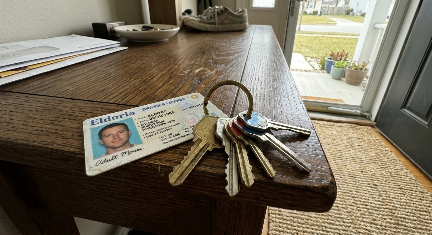 A close-up snapshot of a driver's license and house keys resting on a rustic wooden table by the front door.