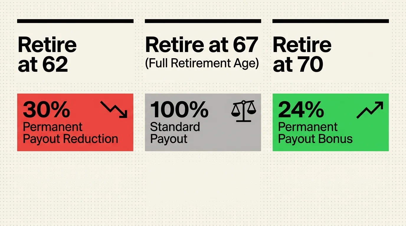 A comparative bar chart showing payout differences when retiring at ages 62, 67, and 70.