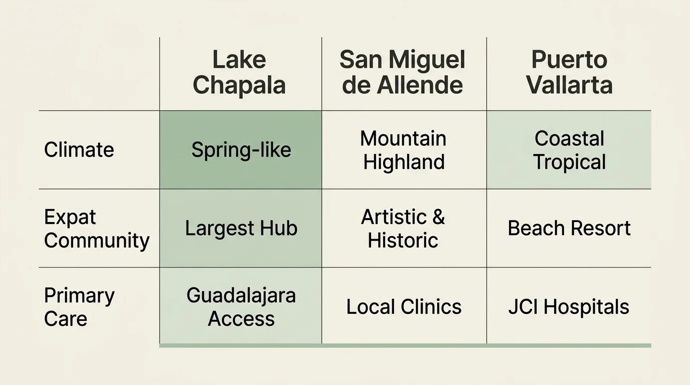 A comparative table comparing the climate, expat community, and healthcare facilities of Lake Chapala, San Miguel de Allende, and Puerto Val