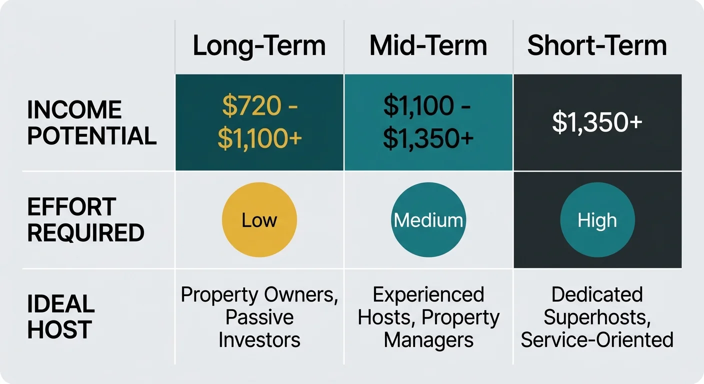 A comparison matrix comparing long-term, mid-term, and short-term rentals by income potential, effort, and typical rates.