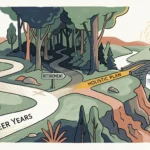 A conceptual illustration of a path dividing into different retirement routes, with a secure golden path crossing a bridge.