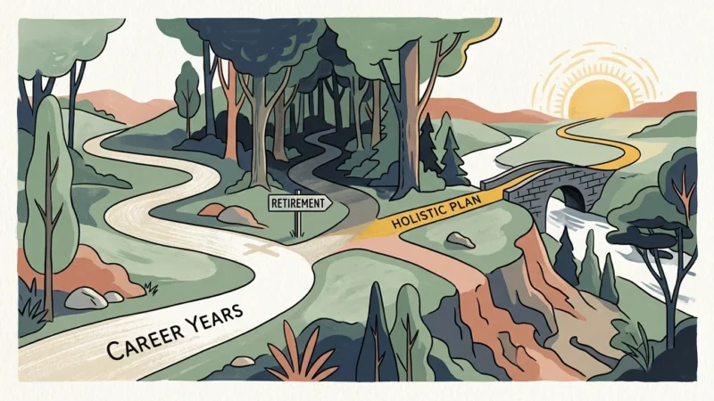A conceptual illustration of a path dividing into different retirement routes, with a secure golden path crossing a bridge.