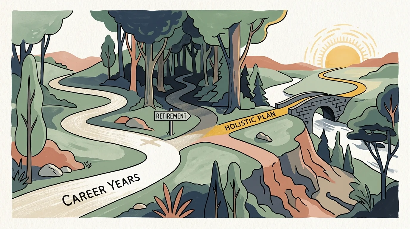 A conceptual illustration of a path dividing into different retirement routes, with a secure golden path crossing a bridge.