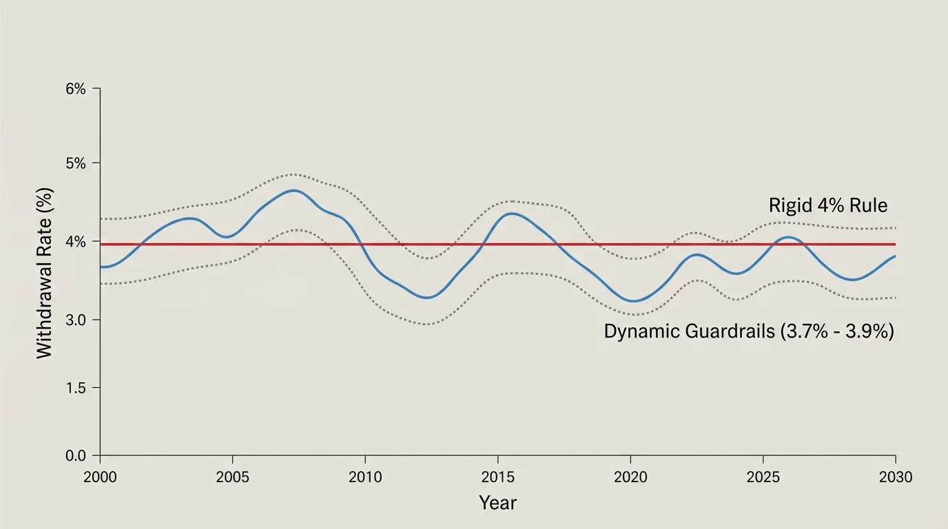 A data chart comparing a flat red line for the rigid 4% rule against a flexible blue path representing dynamic guardrails.