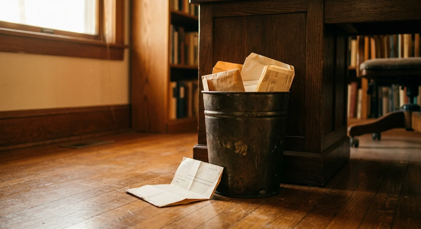 A film-style photo of old pay stubs and envelopes discarded in a metal wastepaper basket on a wooden floor.