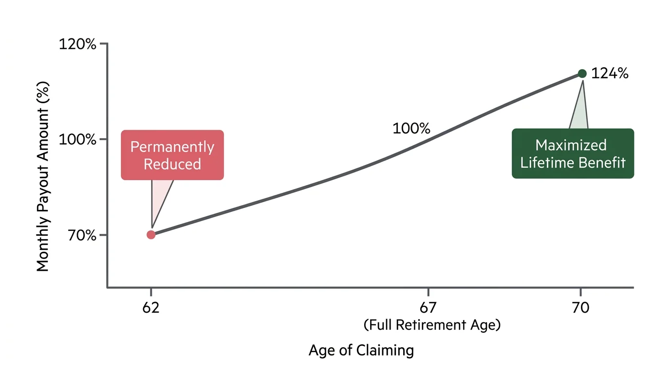 A financial line graph comparing Social Security payout percentages at ages 62, 67, and 70.