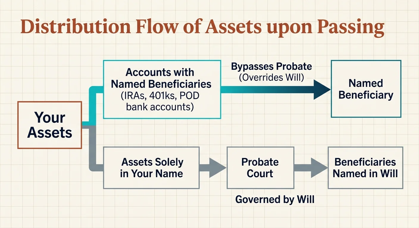 A flow diagram illustrating how assets with named beneficiaries bypass probate and override instructions in a will.