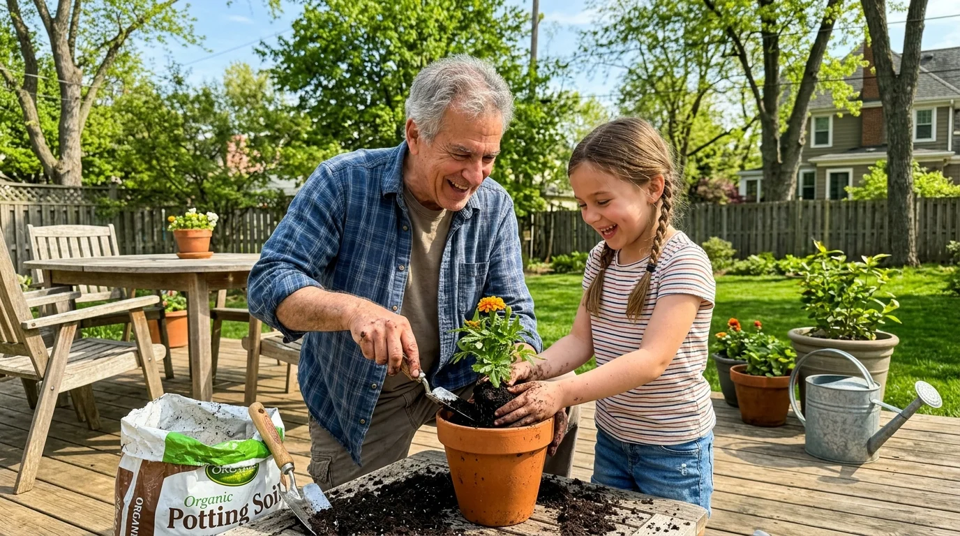 A happy grandfather and his granddaughter planting a flower together in a terracotta pot on a sunny backyard deck.
