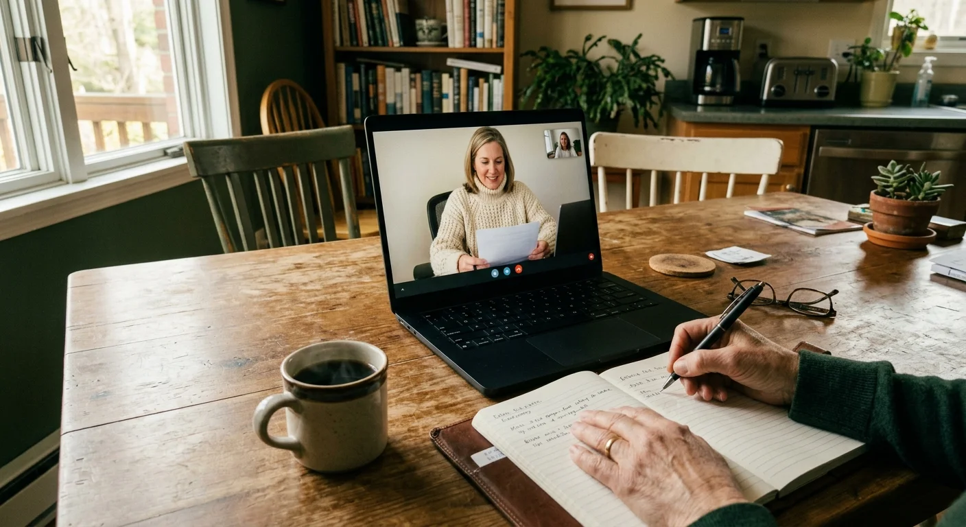 A high-angle photo of a kitchen table where a senior client holds a video call with a friendly financial advisor on a laptop.