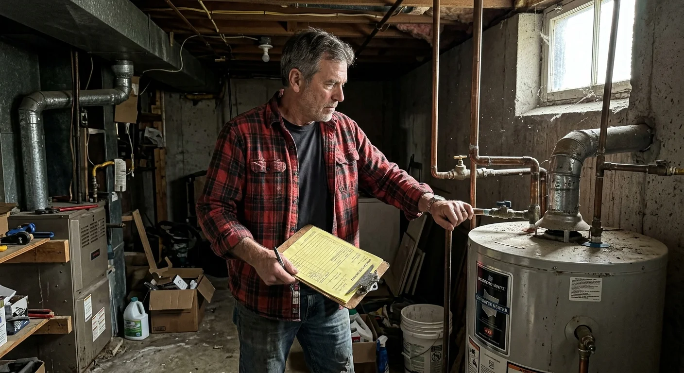 A homeowner in a flannel shirt looking at a water heater in his basement, holding a clipboard with an invoice.