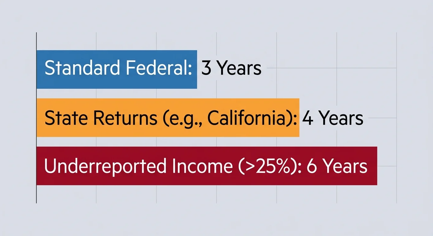 A horizontal bar chart comparing standard federal, California state, and underreported income audit windows.