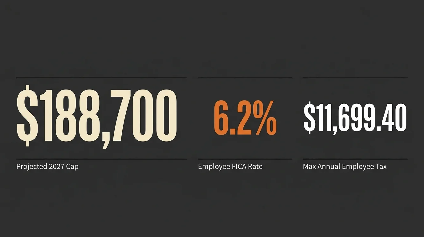 A horizontal editorial infographic showing the projected 2027 cap of $188,700, the 6.2 percent tax rate, and the max tax of $11,699.40.