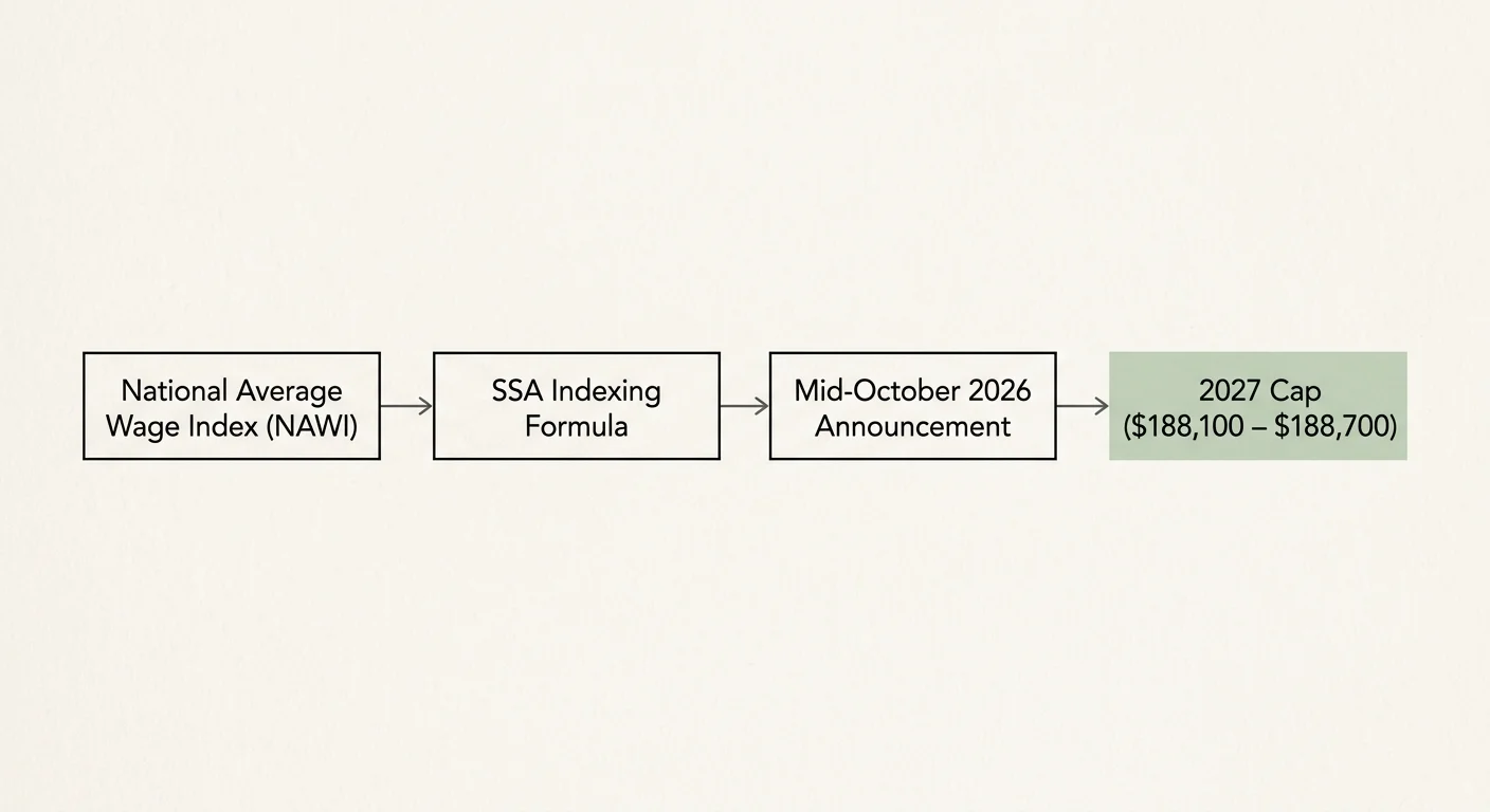 A horizontal financial process diagram showing how wage growth data leads to the official 2027 tax cap announcement.