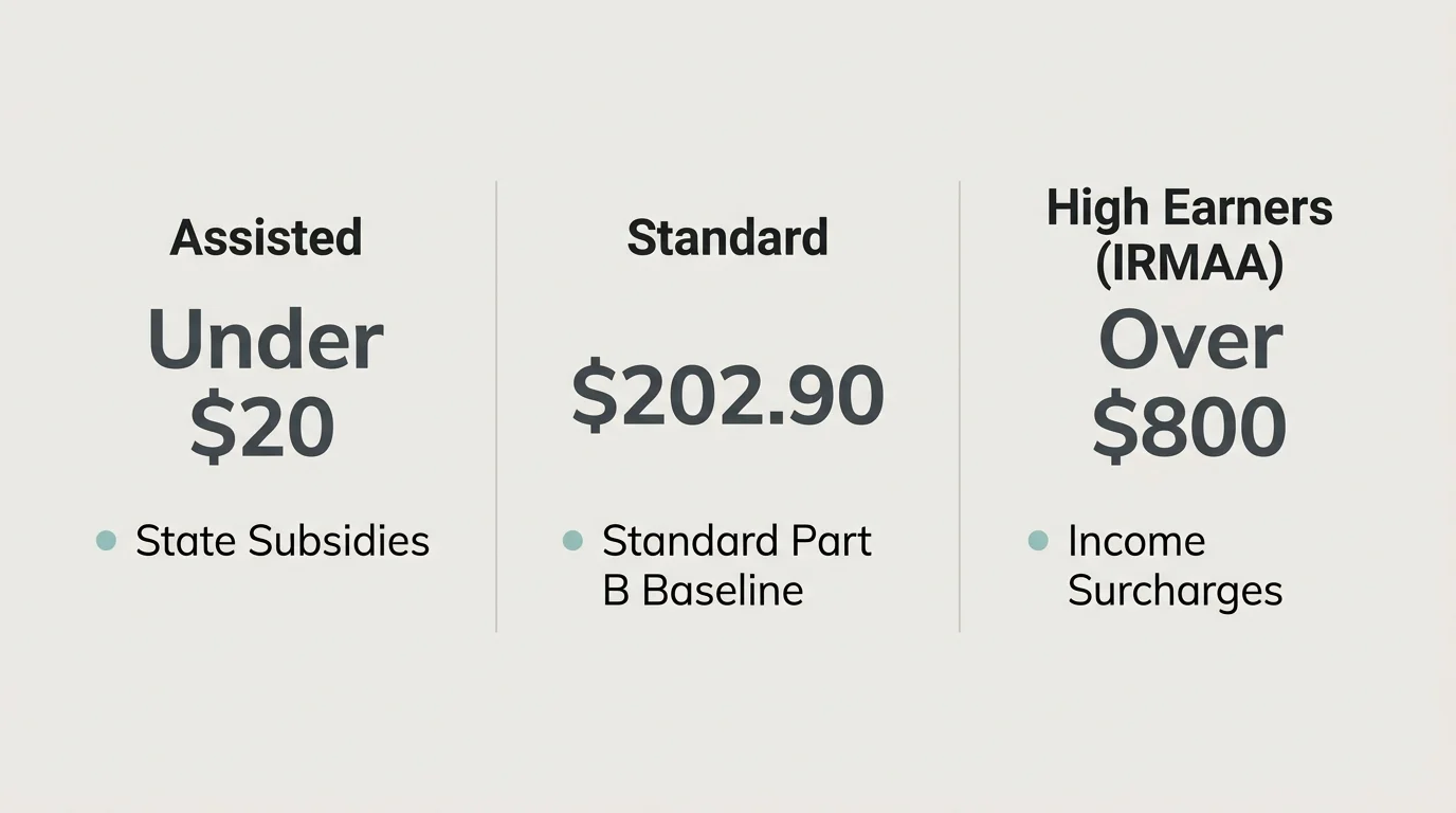 A horizontal three-column editorial diagram comparing monthly Medicare premiums ranging from under $20 to over $800.