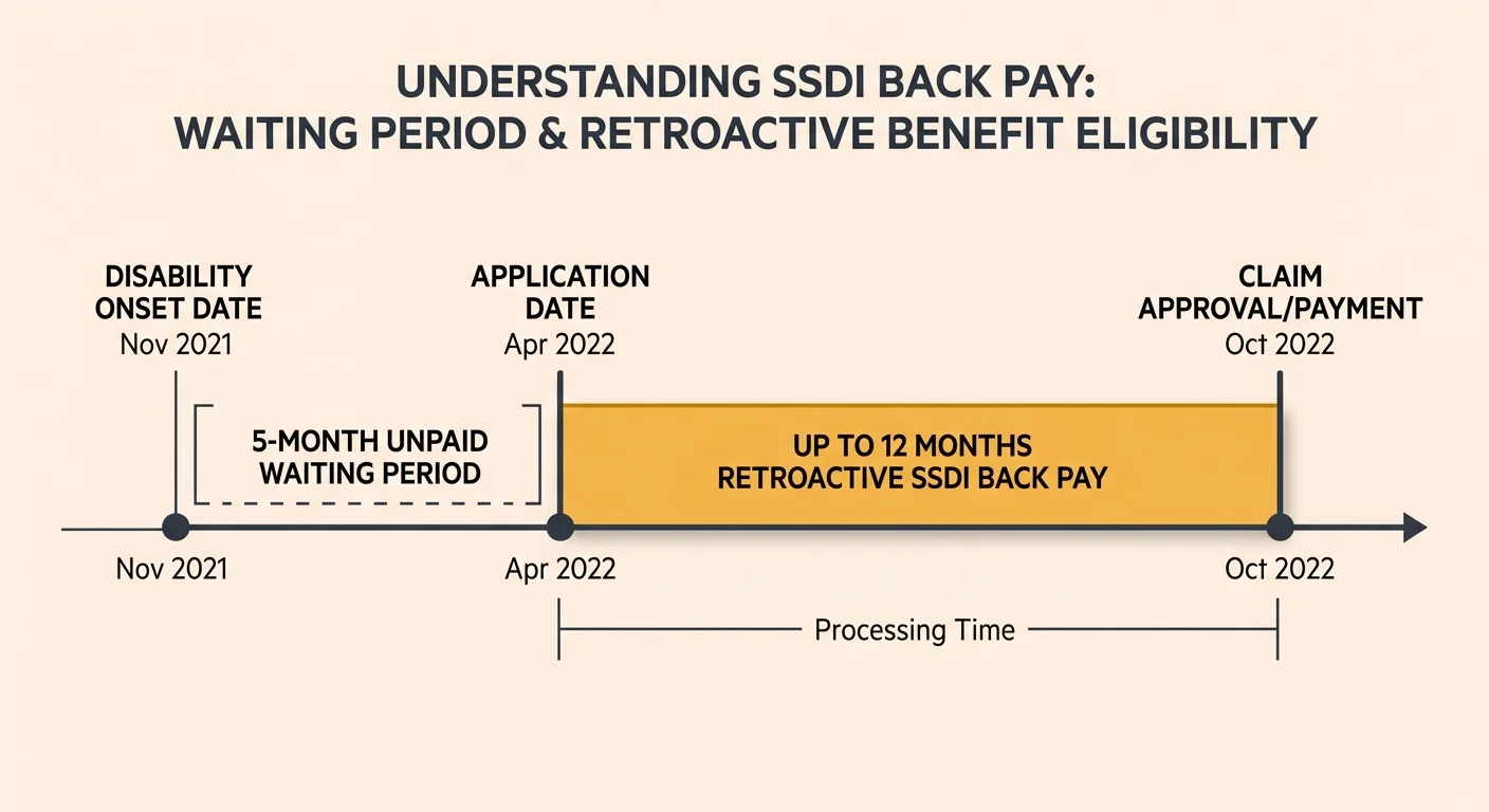 A horizontal timeline diagram illustrating the 5-month waiting period and the 12-month retroactive SSDI back pay window.