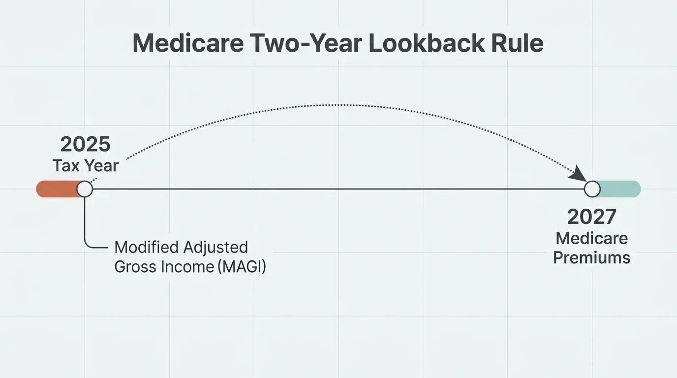 A horizontal timeline diagram showing how 2025 taxes directly determine 2027 Medicare premiums via a two-year lookback.