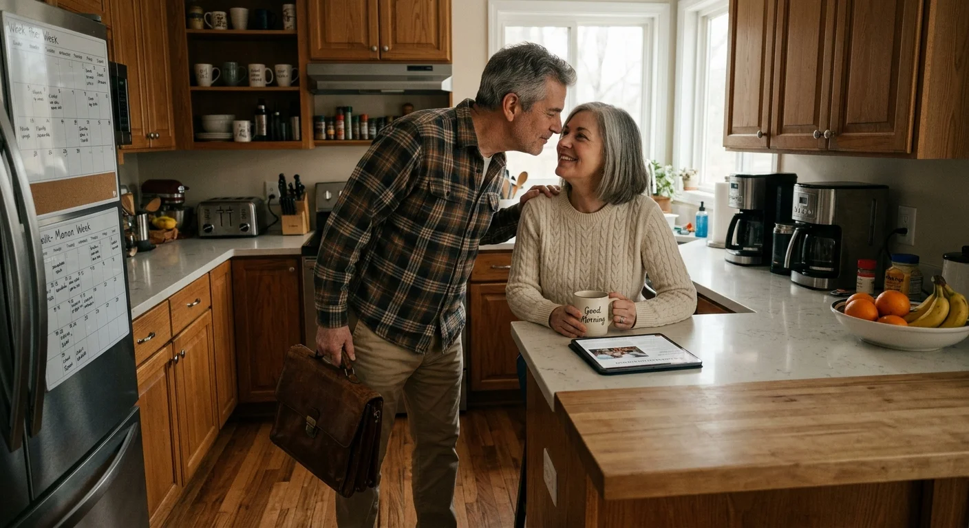 A husband in work clothes kisses his wife goodbye in their kitchen, reflecting different career timelines.