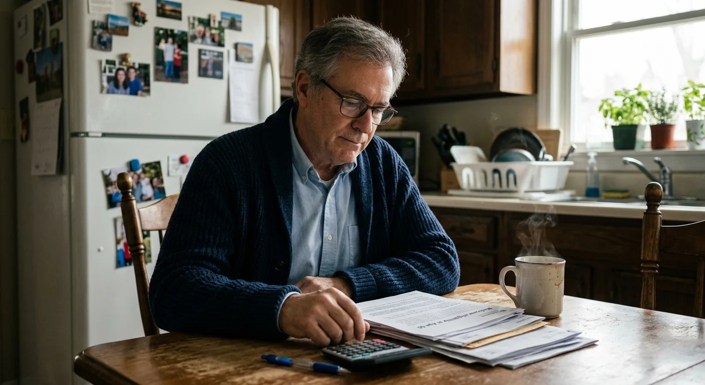 A man in his early 60s reviews healthcare documents at his kitchen table, planning for his transition to Medicare at age 65.