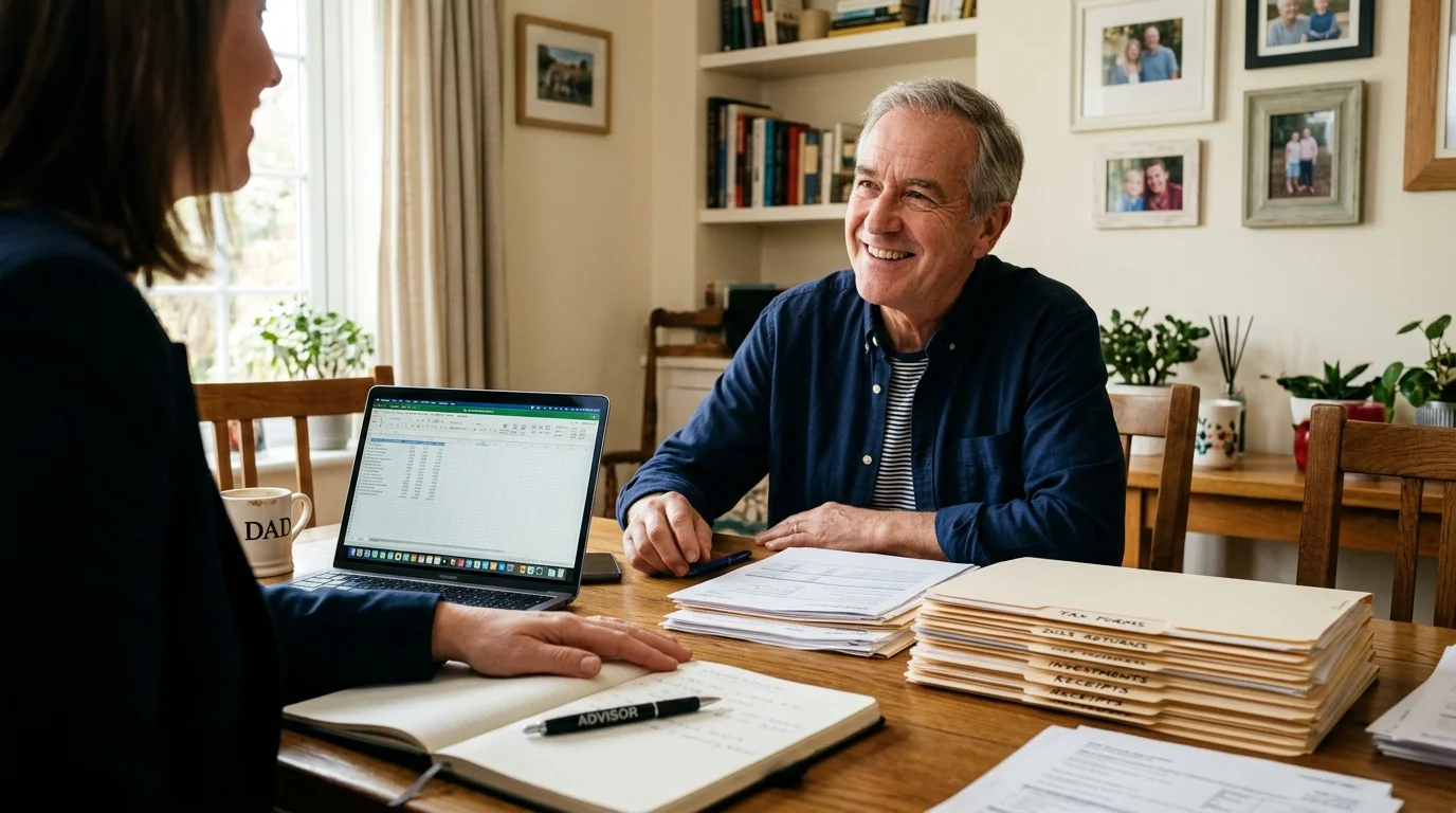 A man in his early 60s sitting at a kitchen table covered in financial files, looking relieved as he talks to an advisor.