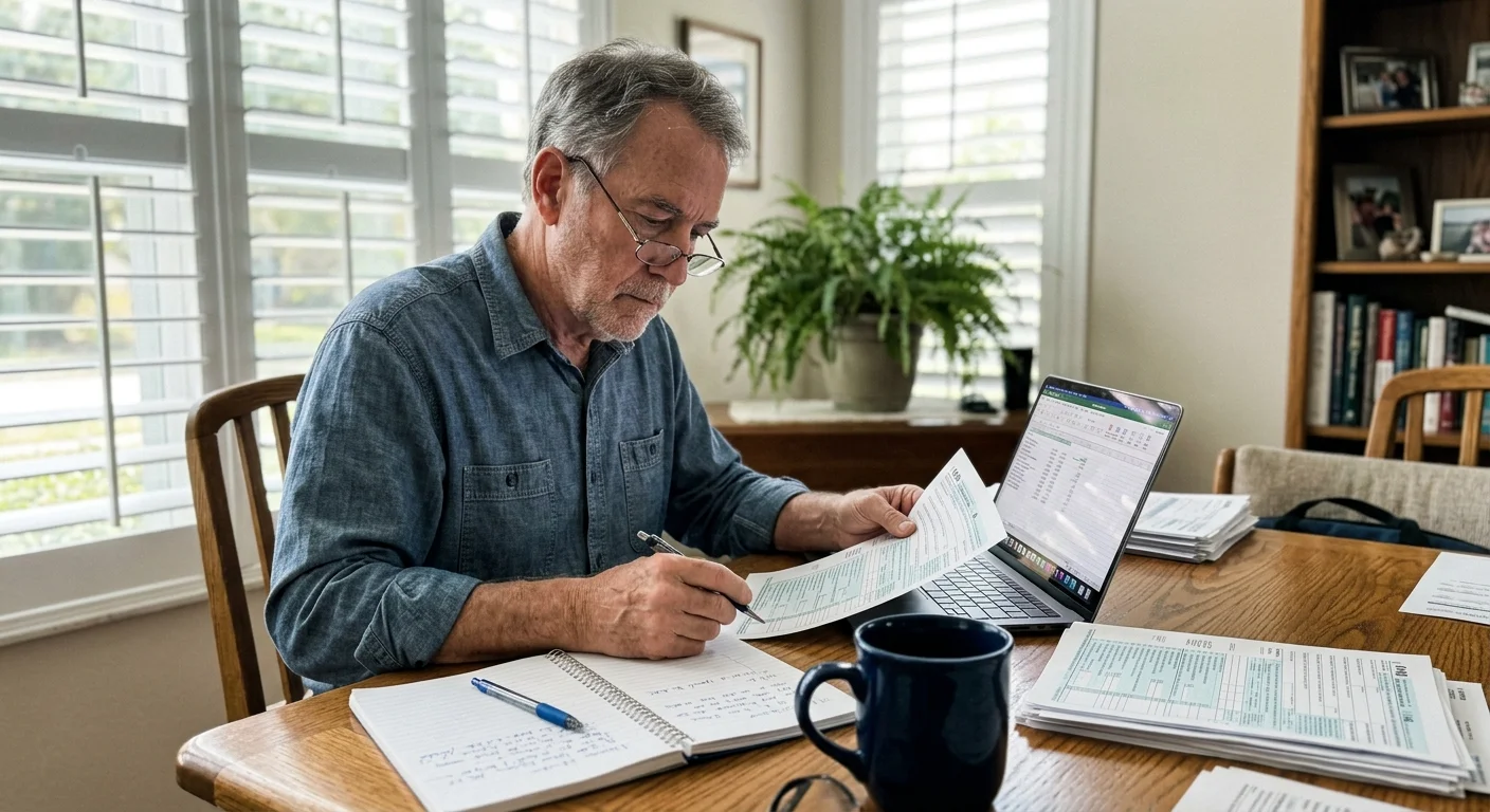Man reviewing tax documents and writing in a notebook next to a laptop displaying spreadsheets at a table.