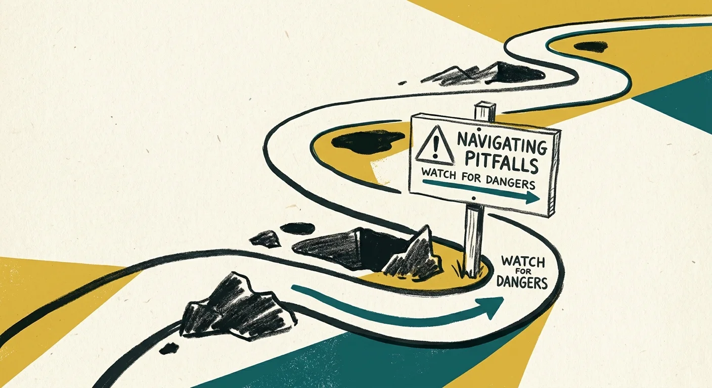 A minimalist ink and screenprint illustration showing a winding path with a warning sign, representing the avoidance of costly Medicare pitf