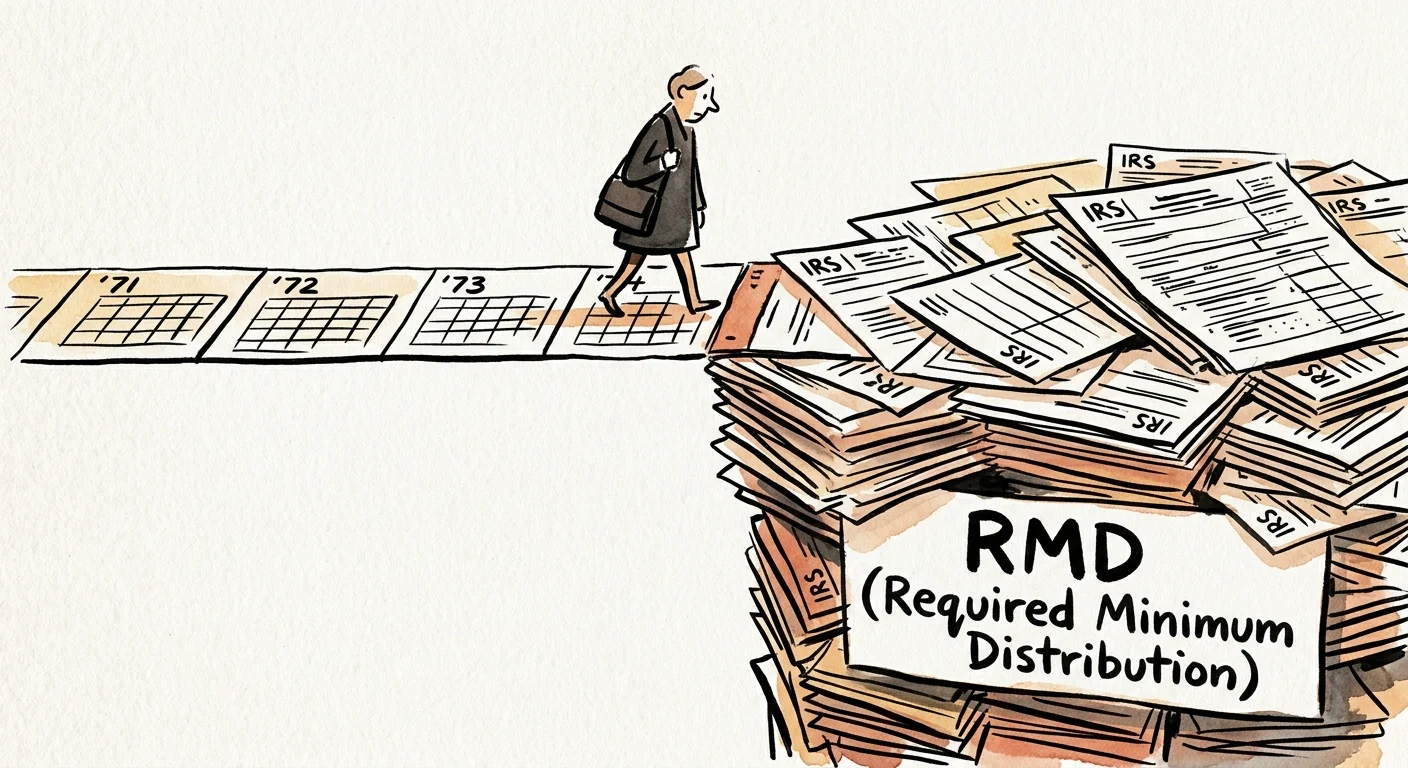 A minimalist ink and watercolor illustration of a person walking along a calendar path that drops off into a cliff made of tax forms labeled