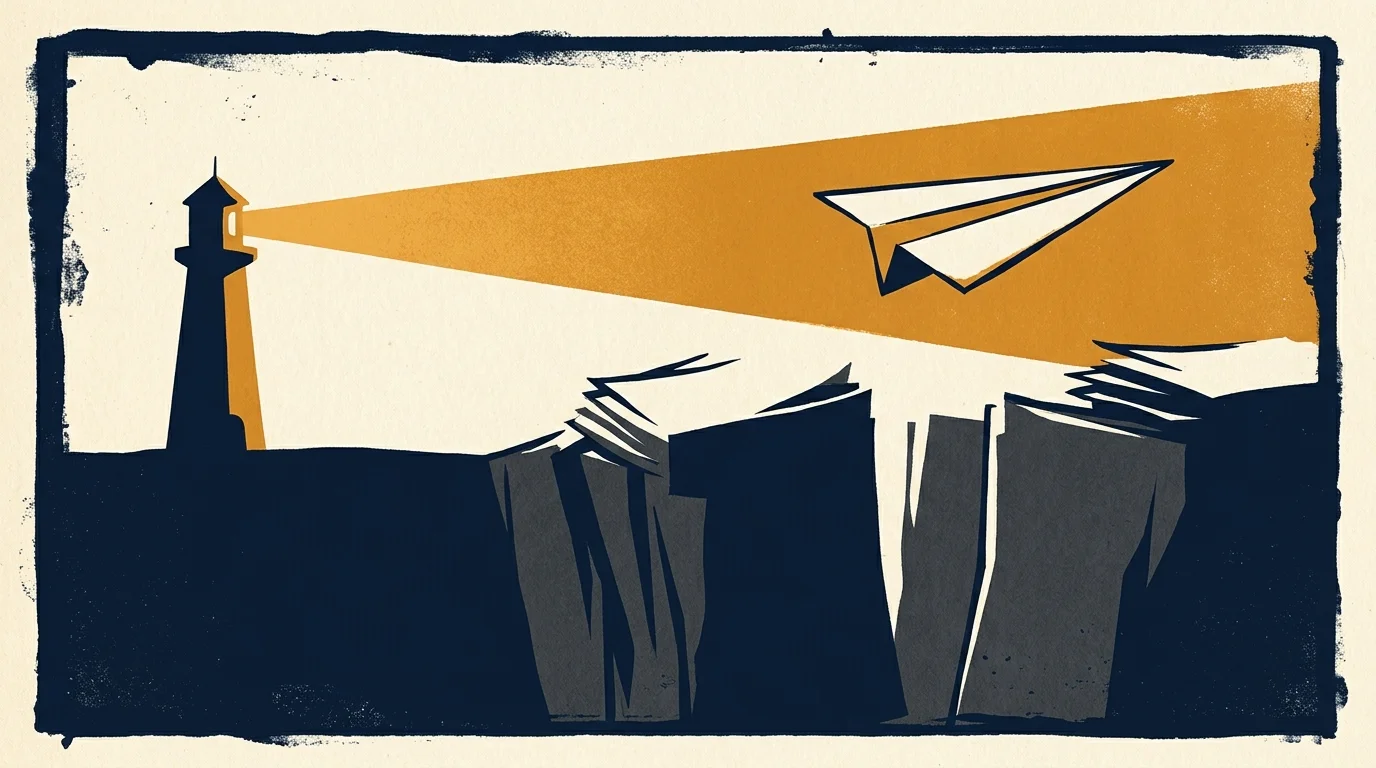 A minimalist screenprint of a paper airplane flying safely on a golden beam of lighthouse light over dark cliffs of paper stacks.