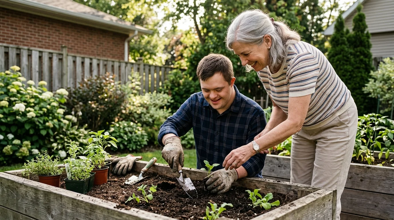 A mother and her adult son with Down syndrome smiling as they plant seedlings together in a raised garden bed.