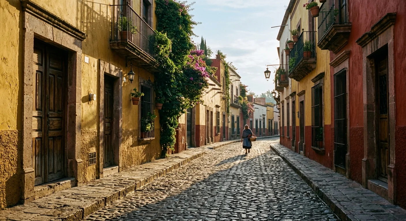 A peaceful cobblestone street in San Miguel de Allende, Mexico, lined with historic colonial homes under morning sunlight.