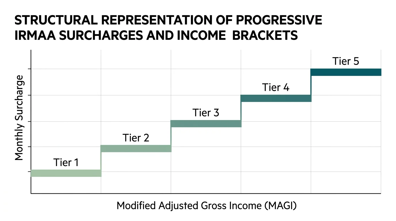 A progressive step-chart diagram illustrating how IRMAA surcharges increase across five income tiers.