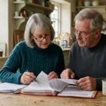 A retired couple in their warm, sunlit kitchen reviewing physical retirement and healthcare documents over coffee.