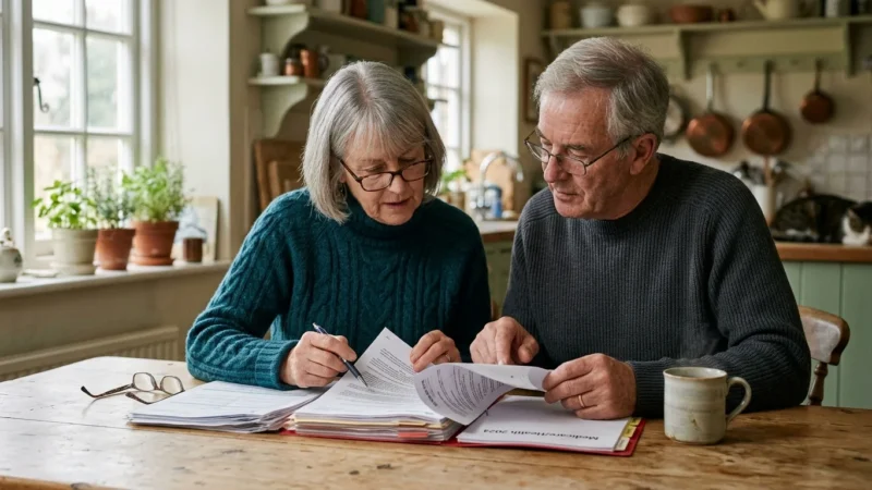 A retired couple in their warm, sunlit kitchen reviewing physical retirement and healthcare documents over coffee.