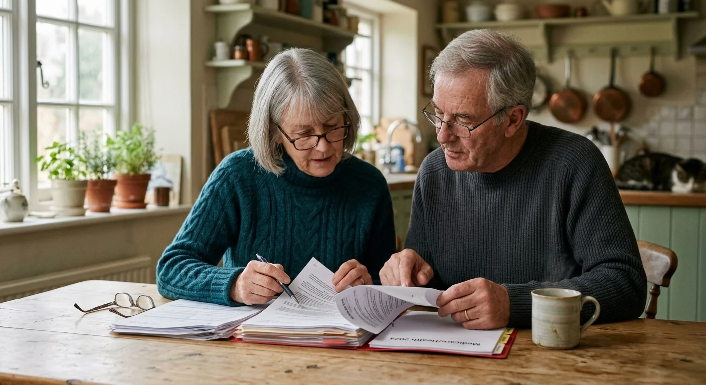 A retired couple in their warm, sunlit kitchen reviewing physical retirement and healthcare documents over coffee.