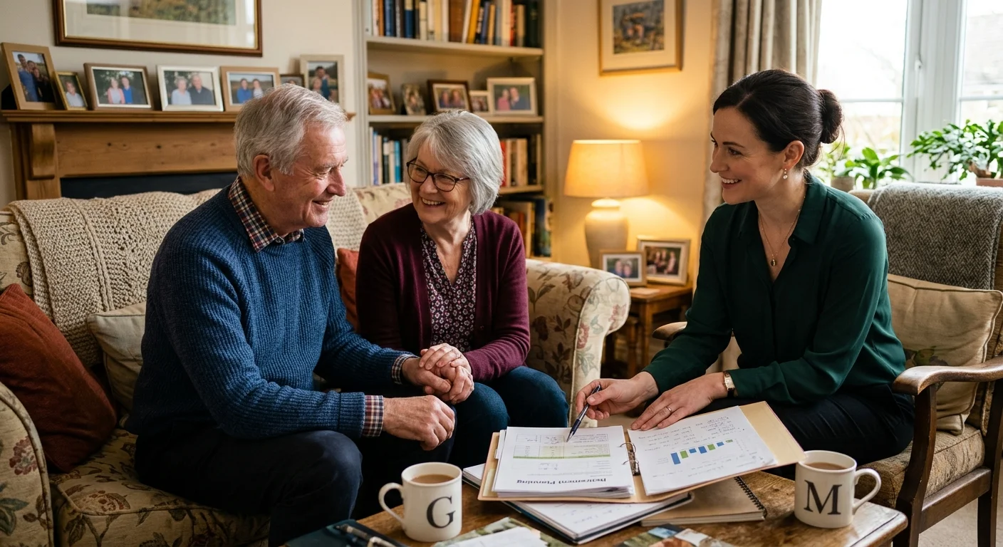 A retired couple sitting on a cozy living room sofa, smiling as they review paperwork with a helpful advisor.