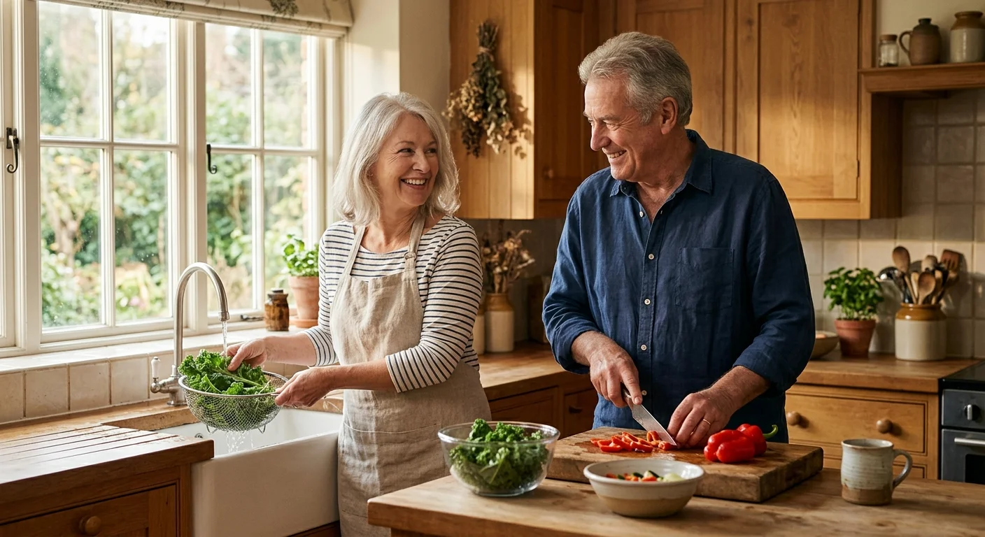 A retired couple smiling and preparing fresh vegetables together in a warm, sunlit kitchen.