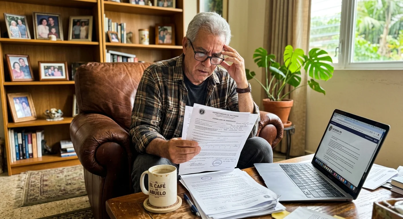 A retired man reviews legal documents in Spanish at his living room table, looking focused and slightly confused.