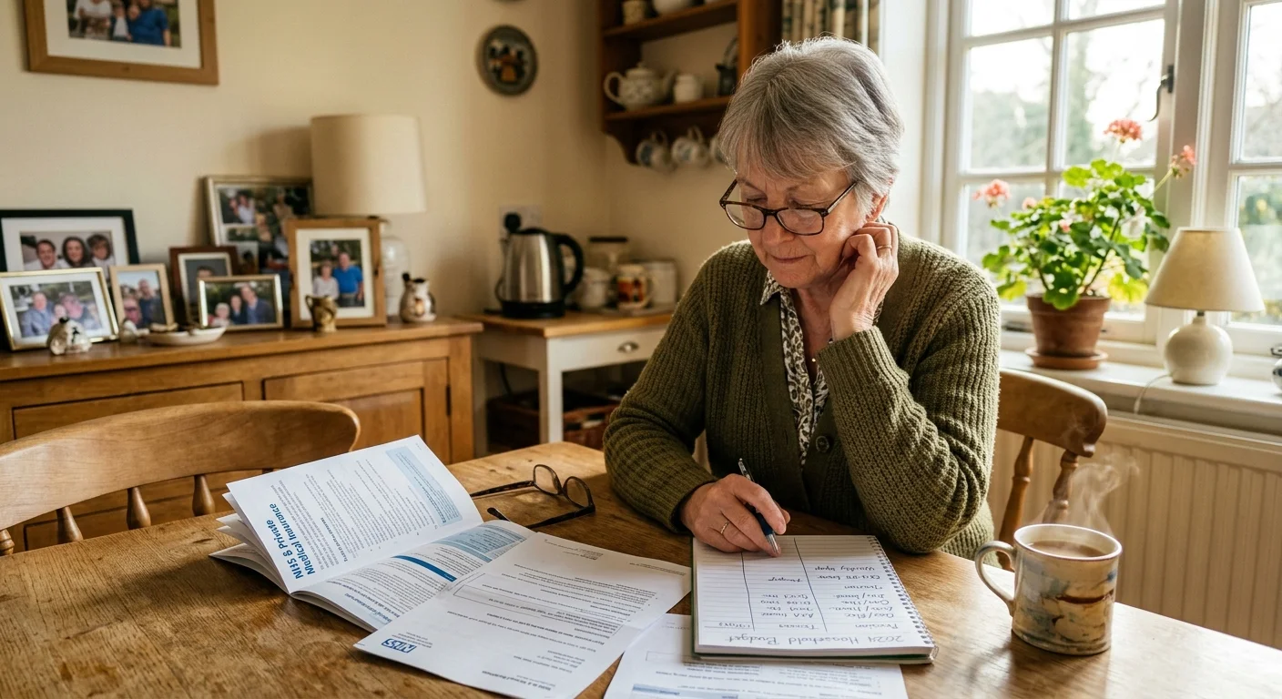 A retired woman sits at her sunlit kitchen table thoughtfully reviewing healthcare papers with a ceramic mug nearby.
