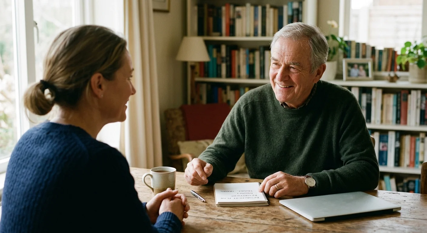 A retiree in a casual home setting discussing retirement strategies with a trusted advisor, shot on warm 35mm film.