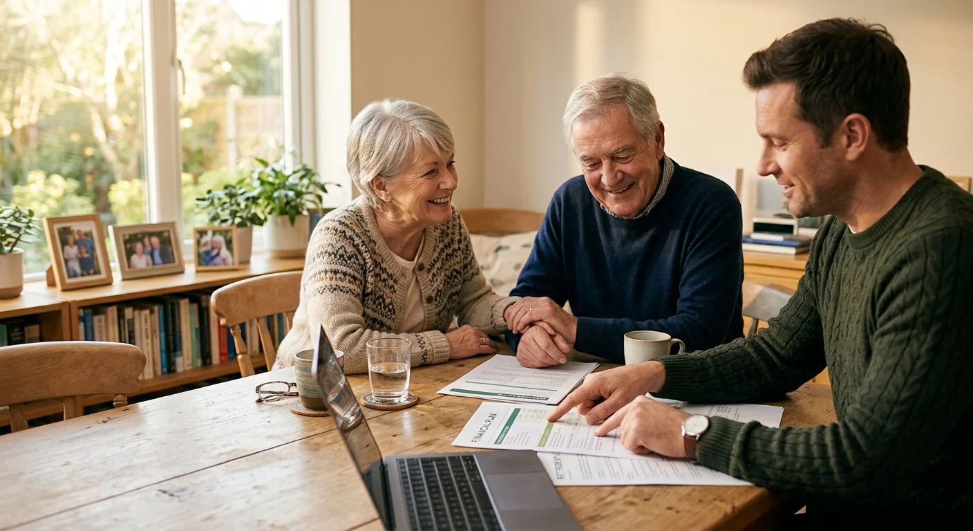 A senior couple sitting at a wooden table, receiving guidance from a professional advisor in a warm, home-like office.