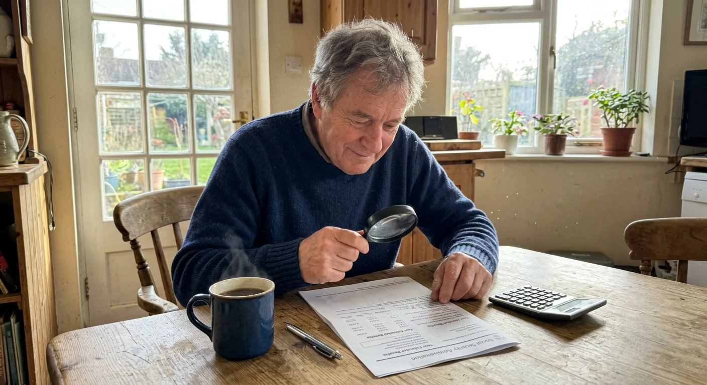 A senior man at his kitchen table reviewing his Social Security retirement documents with a magnifying glass.