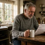 A senior man sitting at a kitchen counter, focused on reviewing an official Medicare overpayment notice under soft morning light.