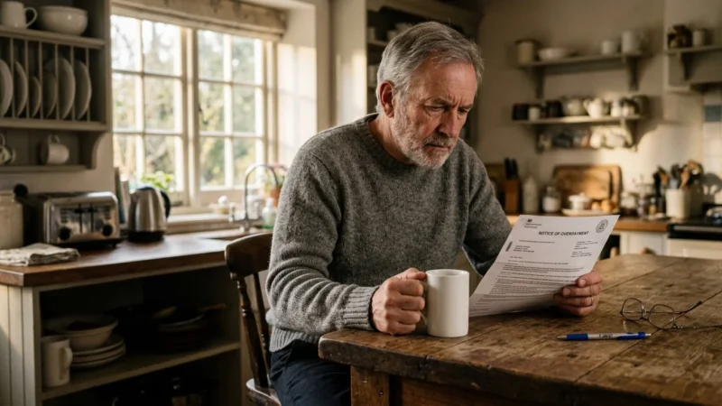 A senior man sitting at a kitchen counter, focused on reviewing an official Medicare overpayment notice under soft morning light.
