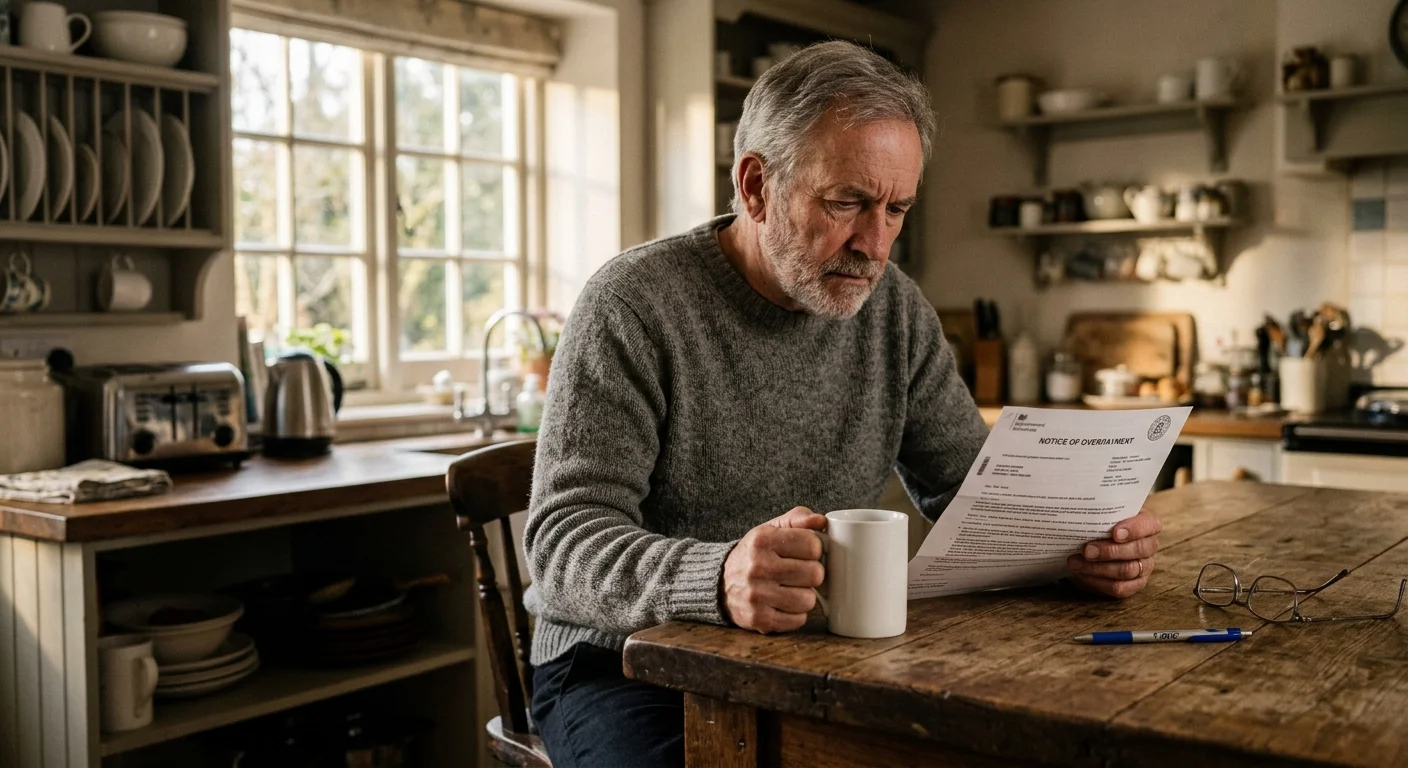 A senior man sitting at a kitchen counter, focused on reviewing an official Medicare overpayment notice under soft morning light.