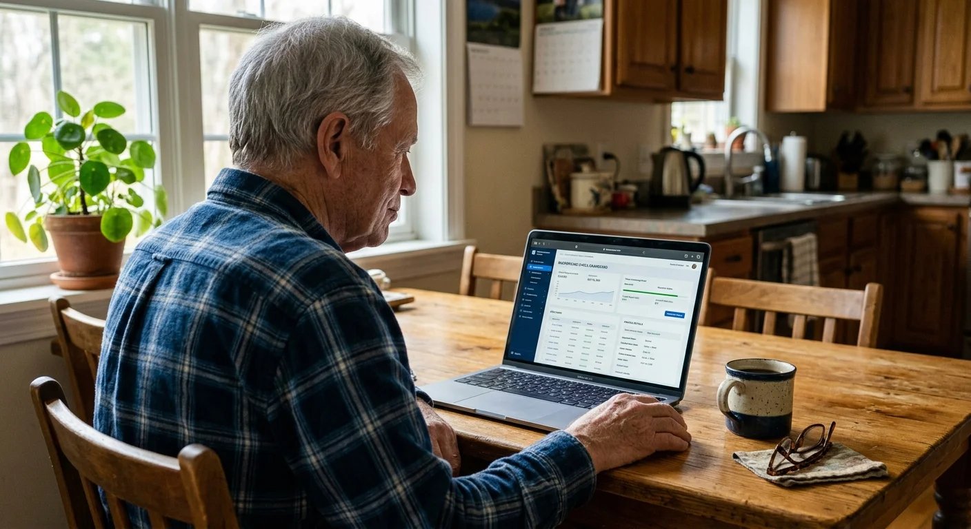 A senior man sitting at his kitchen table reviews a secure tenant background check on his laptop.
