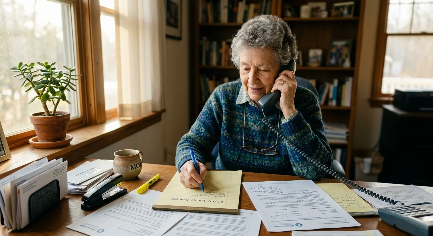 A senior woman in her home office, on the phone reviewing paperwork and writing notes about a waiver request.