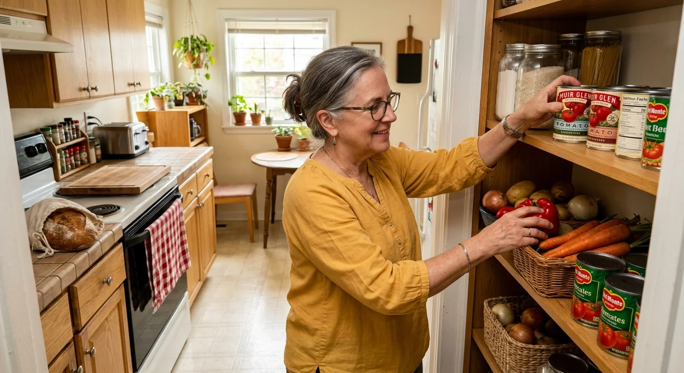 A senior woman organizing groceries in her cozy kitchen pantry, showing quiet comfort.
