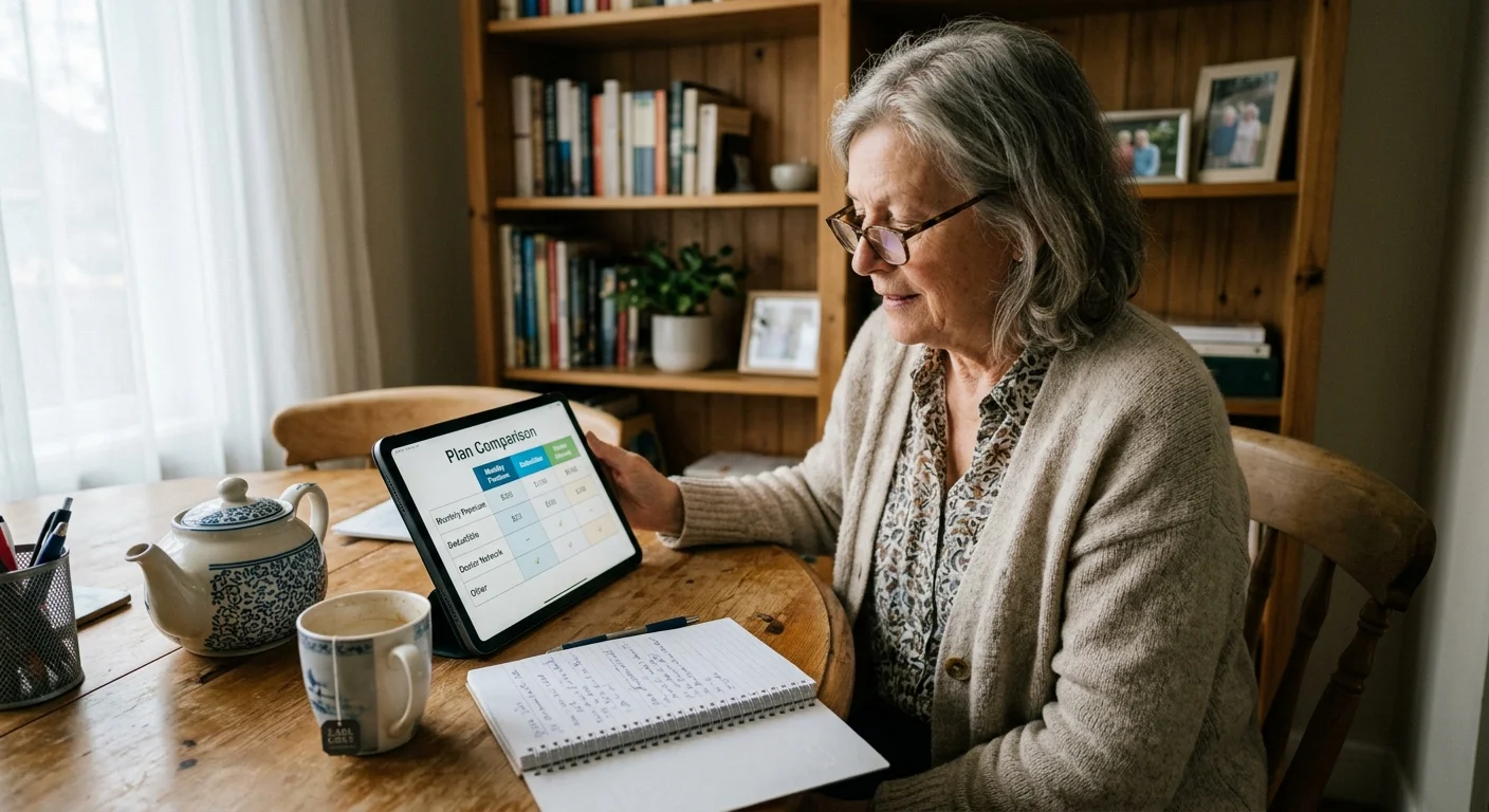 A senior woman sitting at a kitchen table with a cup of tea, comparing plans on an iPad.