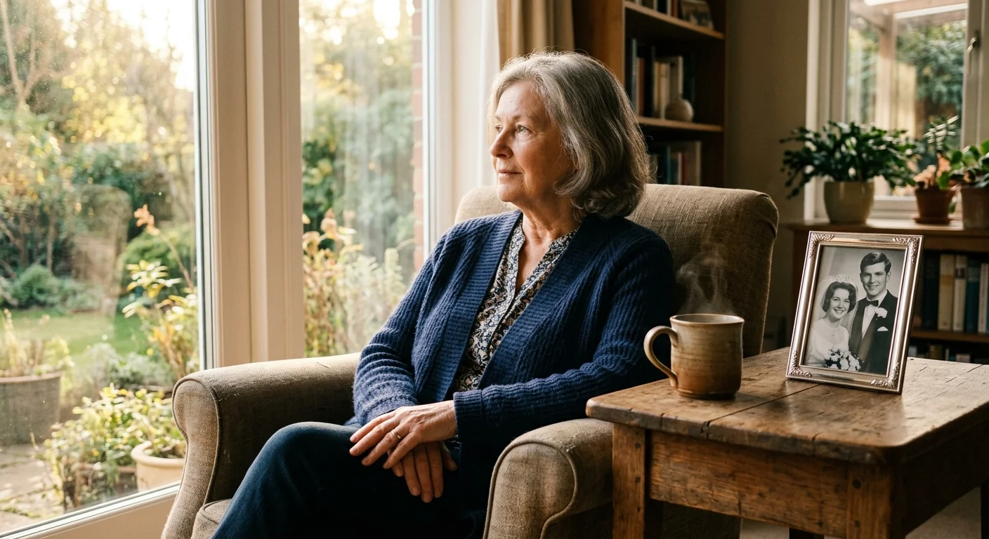 A senior woman sitting by a sunlit window next to a framed vintage photograph and a cup of tea.