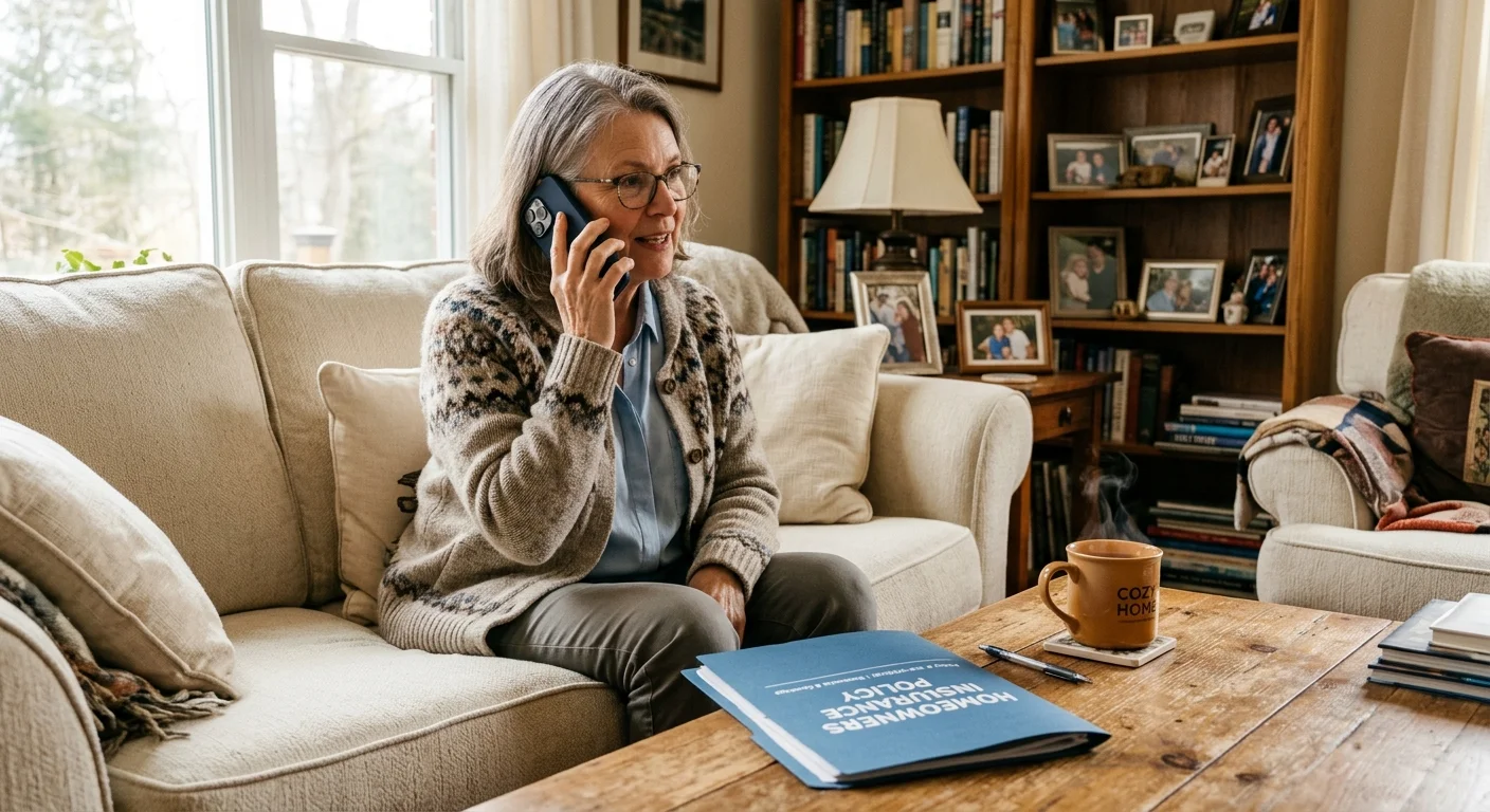 A senior woman sitting on her sofa consults her homeowners insurance policy while speaking on the phone.